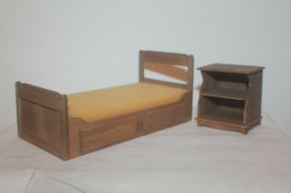 Vintage Dollhouse Miniature Wood Bed With Night Stand Furniture
