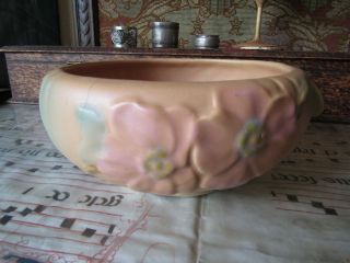Antique Weller Art Pottery Pink Dogwood Handled Bowl Large