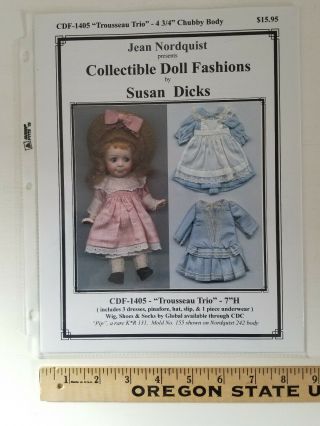 Jean Nordquist 7 " Antique Doll Dress Pattern Cdf - 1405 Trousseau Trio,  3 Dresses