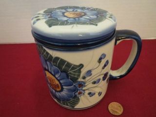 Polish Pottery Tea Coffee Mug Cup W/ Strainer Infuser & Lid