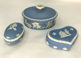 Wedgewood Jasperware Blue Trinket Boxes - Oval,  Egg And Heart