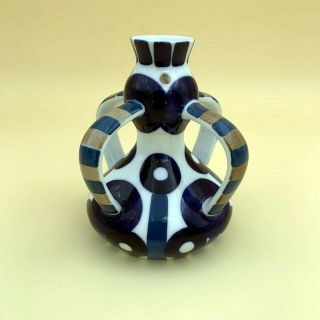 Sargadelos Small Bud Vase Spanish Porcelain Blue Ochre Teal On White 4 Handle