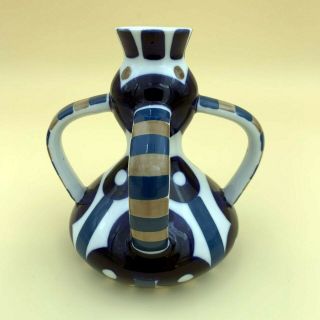 SARGADELOS Small Bud Vase Spanish Porcelain Blue Ochre Teal on White 4 HANDLE 2