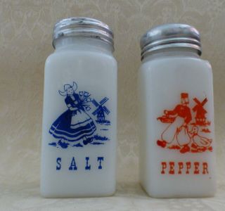 Vintage Pair Dutch Boy And Girl Milk Glass Salt Pepper Shaker Set Red Blue