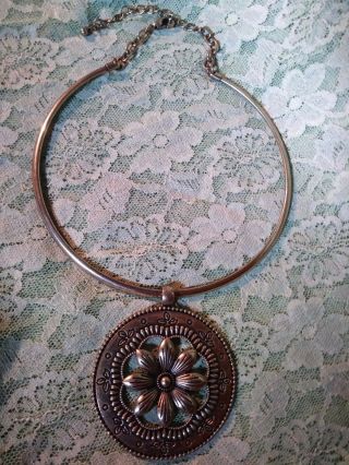 Antique Gold Tone Collar Necklace With Large Open Work Medallion