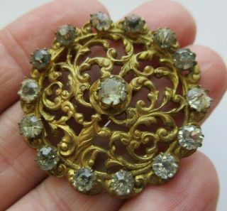 Spectacular Xl Antique Vtg Brass Metal Button W/ Glass Paste Jewels 1 - 1/2 " (u)