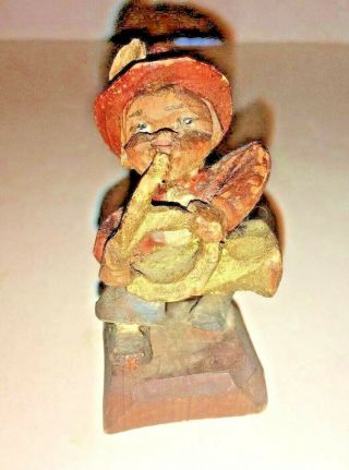Vintage Anri Hand Carved Wooden Man Playing French Horn Folk Art Italy
