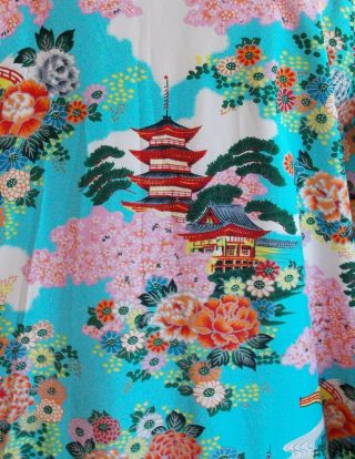 Vintage 1920s Japanese Cotton Kimono Robe Floral Print Pagoda Temple One Size 3