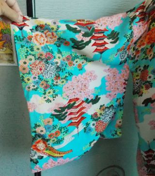 Vintage 1920s Japanese Cotton Kimono Robe Floral Print Pagoda Temple One Size 4