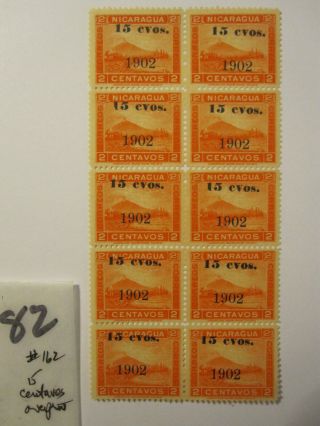 Blk Of 10 Antique Nicaragua 1902 Overprint Stamp 162 15 Centavos