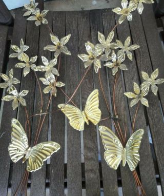 Set Of 2 Vintage Brass And Copper Flowers Butterflies Wall Hangings