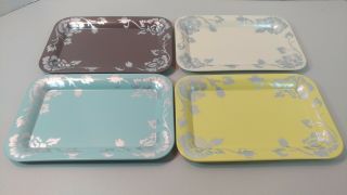 Set Of 4 Vintage Toleware Tole Trays Taupe Aqua Yellow And Cream