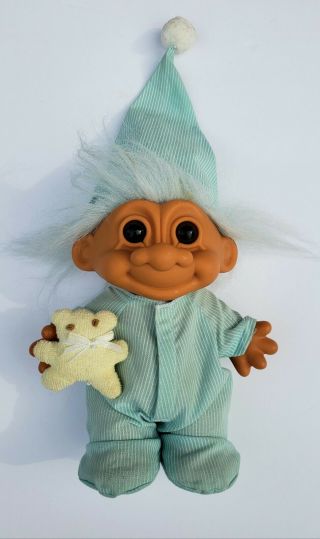 Vintage Russ Troll Doll 8 Inch Blue Hair Blue Pajamas Brown Eyes Teddy Bear Hat