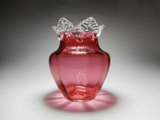 Antique 19th C.  Blown Cranberry Art Glass Cabinet Vase W/ Applied Glass Leaves