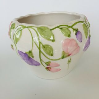 Vintage Ceramic Planter Pot Made In Portugal White With Pink And Purple Flowers