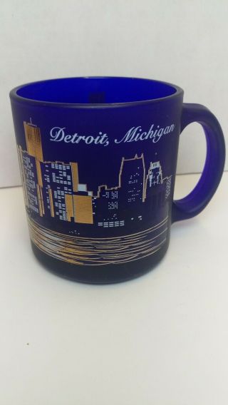 Detroit Michigan Skyline Glass Coffee Mug Cup Cobalt Blue Gold Trim