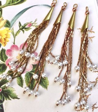 Vintage Metal Chain Fringe,  Tassel Pendants Copper Brass Long,  Pearls 3 1/4 " G49