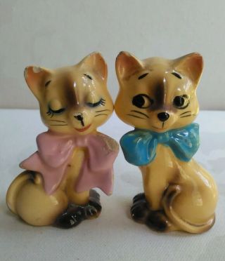 Vintage Siamese Cat Couple With Pink And Blue Bows Salt And Pepper Shakers Japan