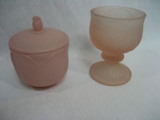 Vintage Set 2 Pink Pedestal Glass Candle Holder & Pink Trinket Jar With Lid Avon