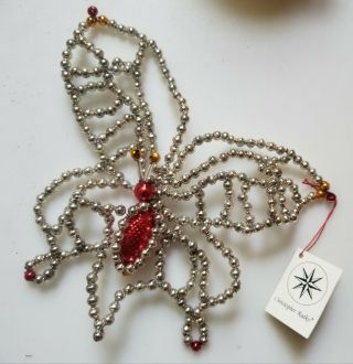 1993 Christopher Radko Czech Glass Bead Butterfly Christmas Ornament Silver Red