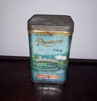 Antique 1/2lb Richelieu Tea Tin Vintage Sprague Warner Chicago Il Can Grocery