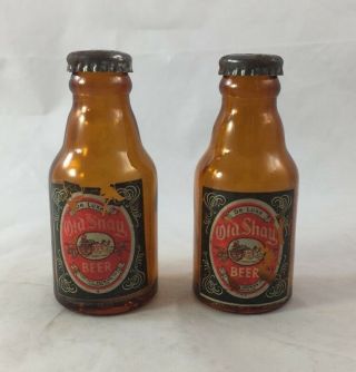 Vintage Pair Old Shay Beer Bottle Glass Salt Pepper Shakers Fort Pitt Brewing