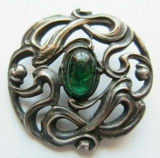 Magnificent Large Antique Vtg Metal Button Art Nouveau W/ Emerald Glass (i)