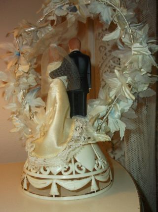 VINTAGE WEDDING CAKE TOPPER - BLUE FLOWERS,  SATIN GOWN WITH TRAIN 2