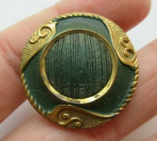 Very Pretty Antique Vtg Emerald Green Silk Fabric In Enameled Metal Button (g)