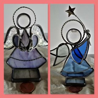 Vintage Set Of Two Blue Stained Glass Metal Angel Crystal Head 4 " & 4 1/2 "