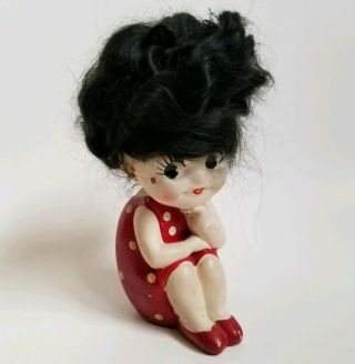 Vintage Seated Chalkware Doll Figurine Statue Black Hair Red Polka Dot Dress