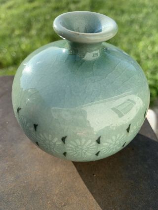 Antique Vintage Korean Celadon Glaze Koryo Style Mini Vase Brush Pot Signed 4