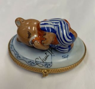 Limoges France Peint Main Trinket Box Sleeping Bear In Pajamas 2 1/2 " Signed