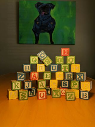 34 Wooden Alphabet Blocks Letter Wood Baby Learning Vintage Abc Kids