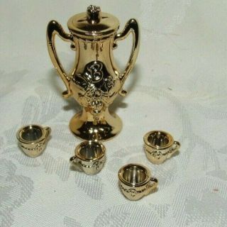 Barbie Faux Gold Antique Style Coffee Urn & Cups Accessory For Doll Diorama