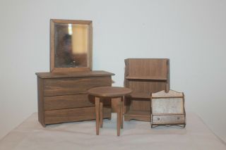 Vintage Dollhouse Miniature Wood Dresser,  Table,  Book Shelf,  Cabinet Furniture