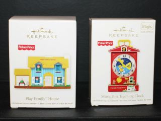 2 Fisher Price Hallmark Keepsake Ornament Play Family House Music Box Clock Toys