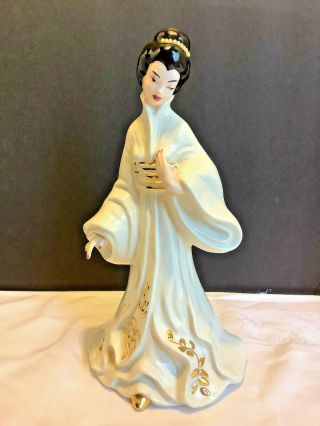 Vintage Porcelain Geisha Girl Figurine 11 " White Gold Dress Black Hair