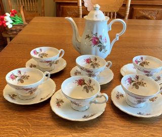 Vintage Tea Set Porcelain Moss Rose Coffee Pot Cups Saucers