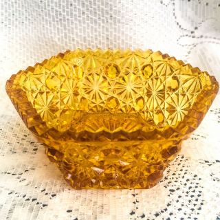 Antique L E Smith Eapg Yellow Gold Amber Daisy & Button Hexagon Bowl Circa 1890s
