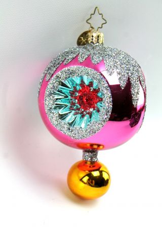 Christopher Radko Retro Shiny Brite Glass Ornament Triple Reflector Pink Glitter