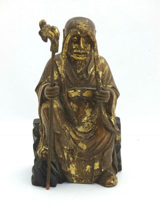 Antique Chinese Hand Carved Wood Alter Figure Scholar Star God
