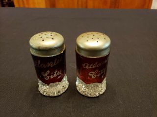 Antique Souvenir Atlantic City Red/clear Cut Glass Crystal Salt/pepper Shakers