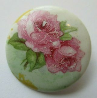Large Antique Vtg Porcelain Picture Button W/ Pink Roses 1 - 3/8 " (l)
