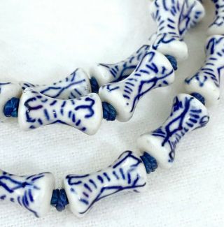 Vtg Chinese Blue & White Porcelain Bead 28” Necklace Hour Glass Shaped Estate 4