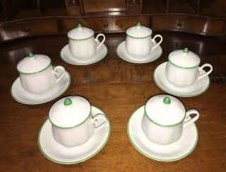 Set Of 6 Taste Setters Vintage Espresso Mugs Saucers & Lids White Green Trim