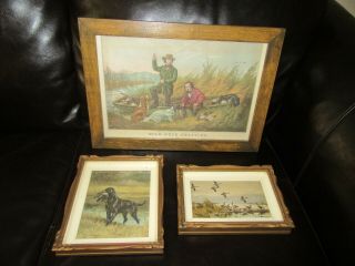 Vintage Currier & Ives Wild Duck Shooting Lithograph And 2 Hunting Prints Framed