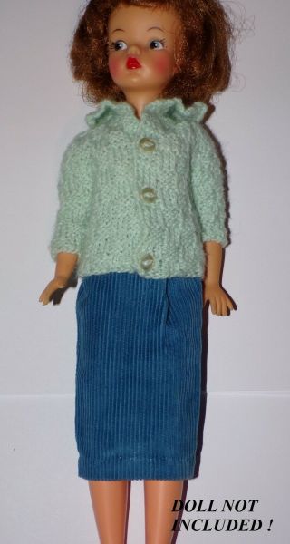 Vintage Barbie Tammy Tina Cassini Size Teal Sweater Blue Corduroy Skirt Set