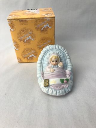 Enesco Growing Up Girls Blonde Baby In Cradle Birthday Doll Figurine E3399 Box