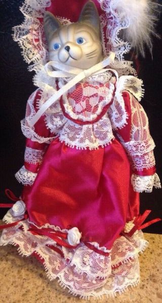 Victorian Doll Cat Vintage Figurine Porcelain / Cloth Body Red Dress 8 "